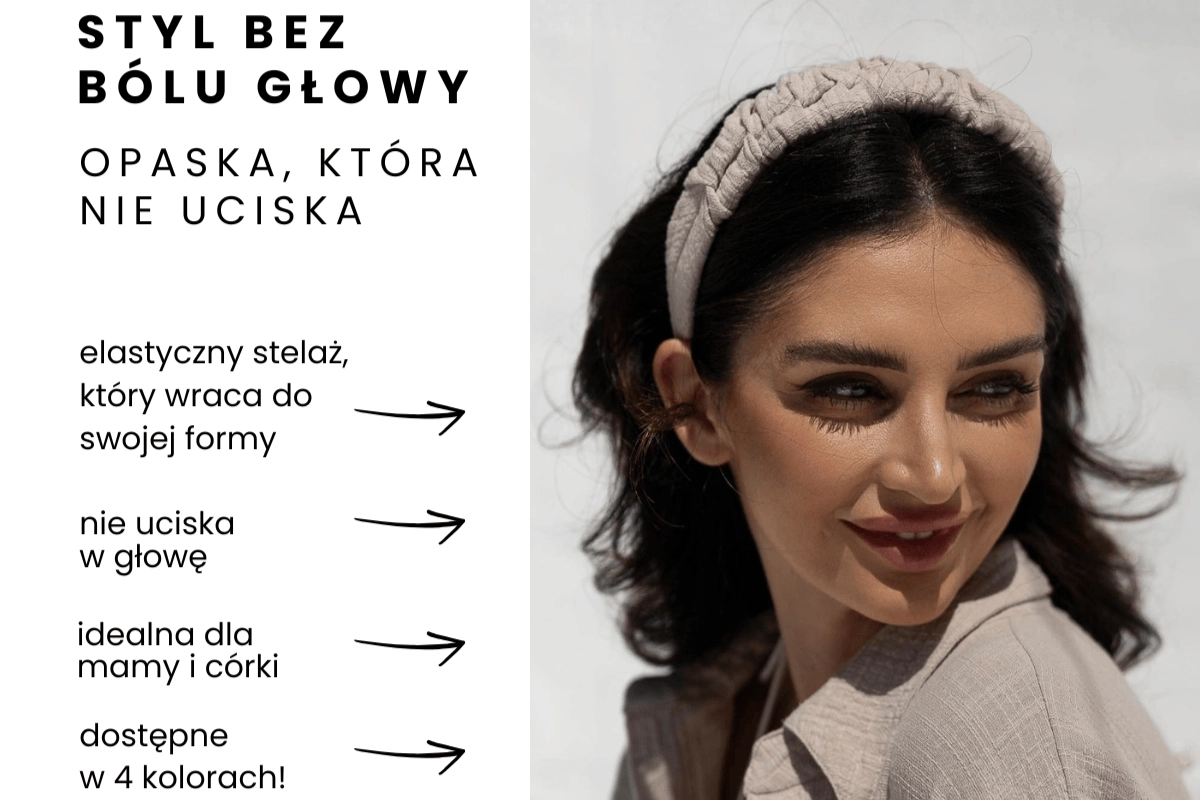 Kobieta w stylowej opasce do włosów - modne akcesoria do włosów 2026, opaski materiałowe, sportowe i eleganckie