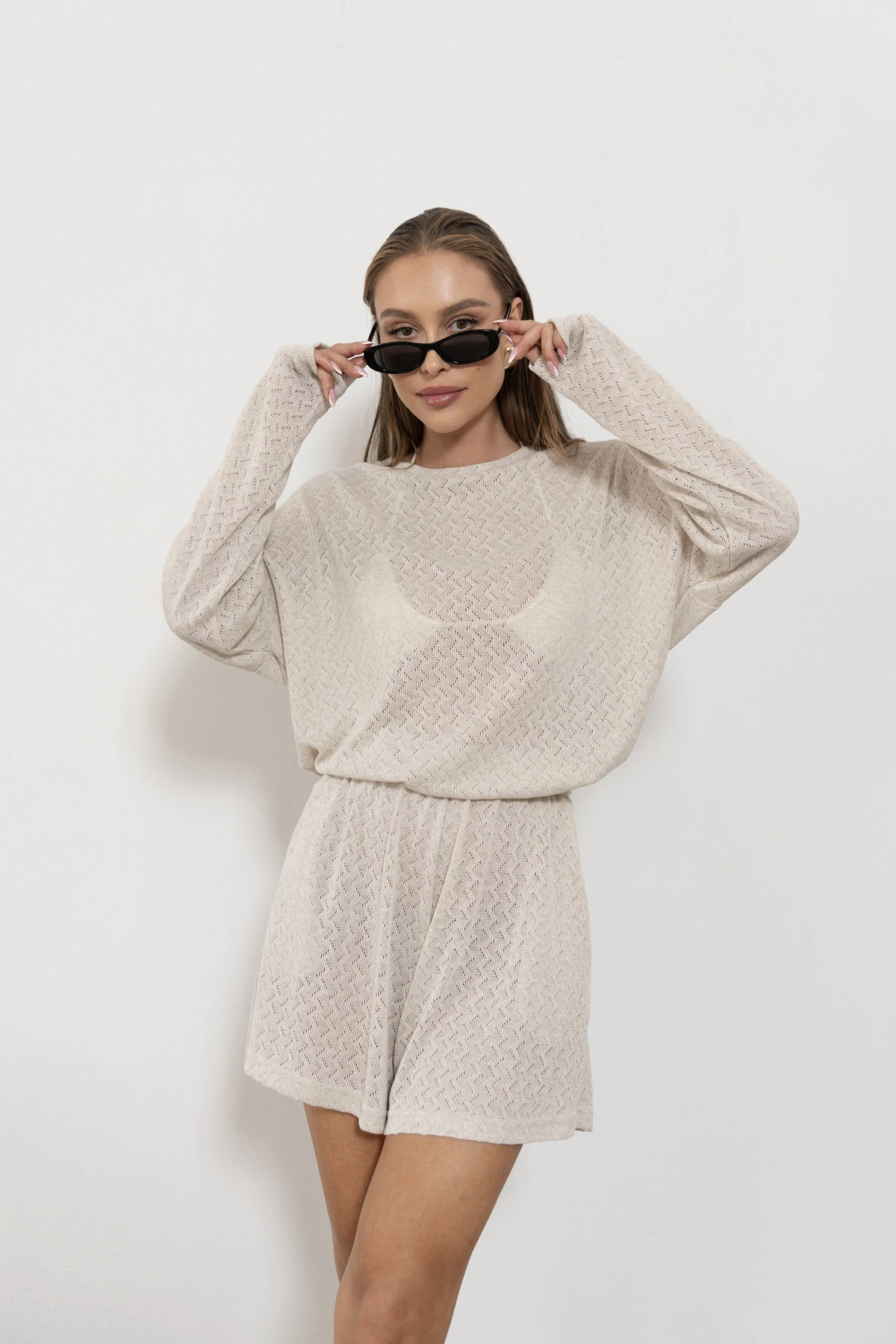 Riviera bluzka oversize ażurowa dzianina jodełka kolor Latte / kremowy