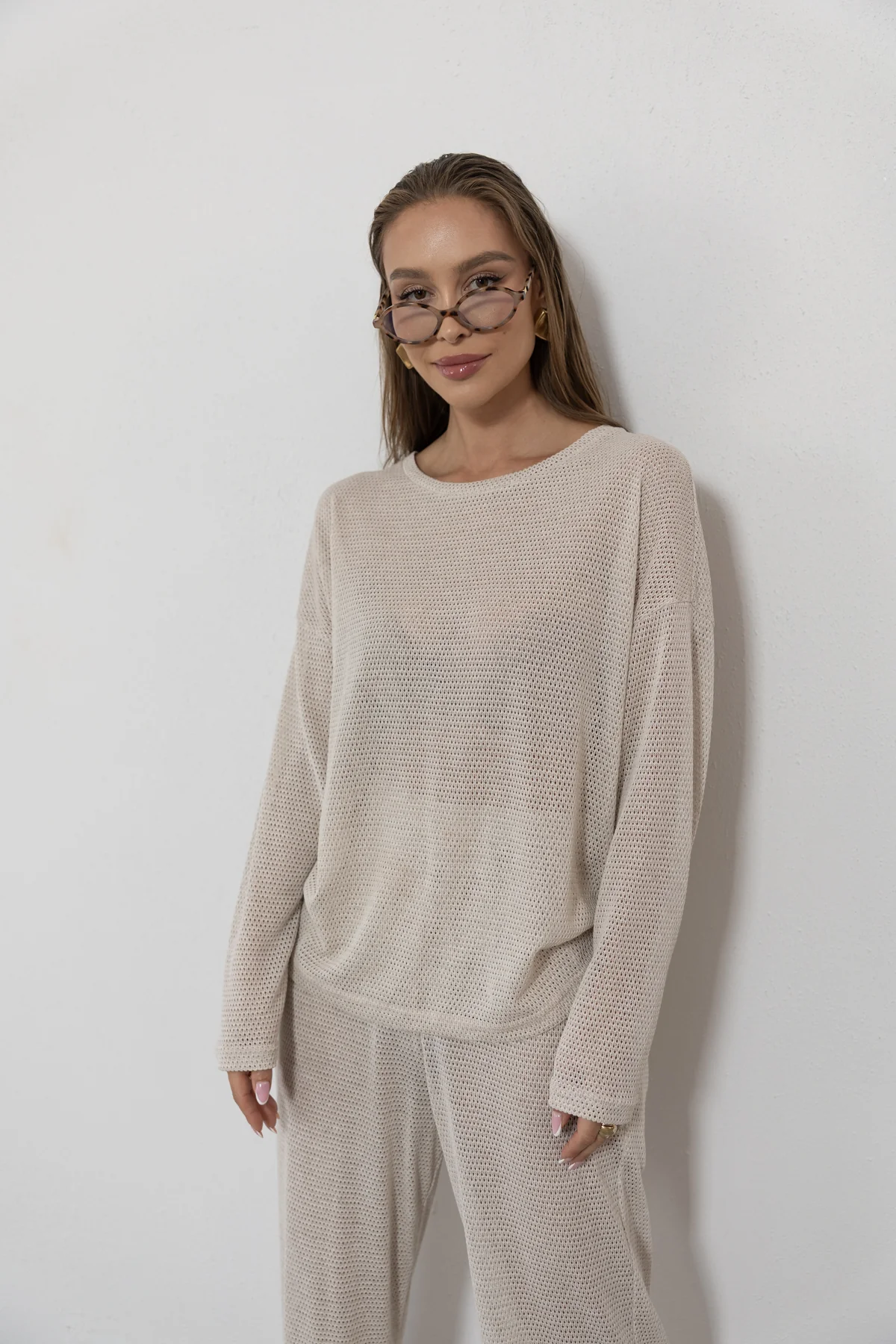 Riviera bluzka oversize ażurowa dzianina siatka kolor Latte / kremowy