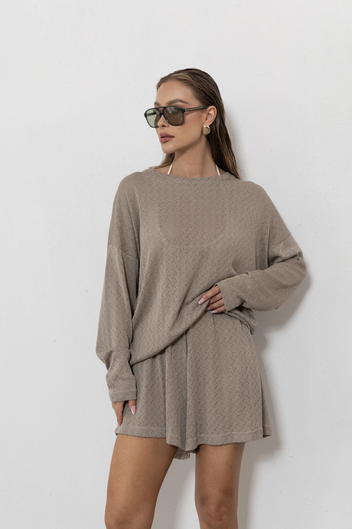 Riviera bluzka oversize ażurowa dzianina jodełka kolor Cappuccino / chłodny beż