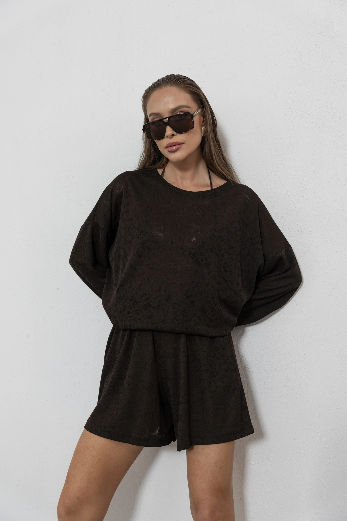 Riviera bluzka oversize ażurowa dzianina róża kolor Mokka / ciemny