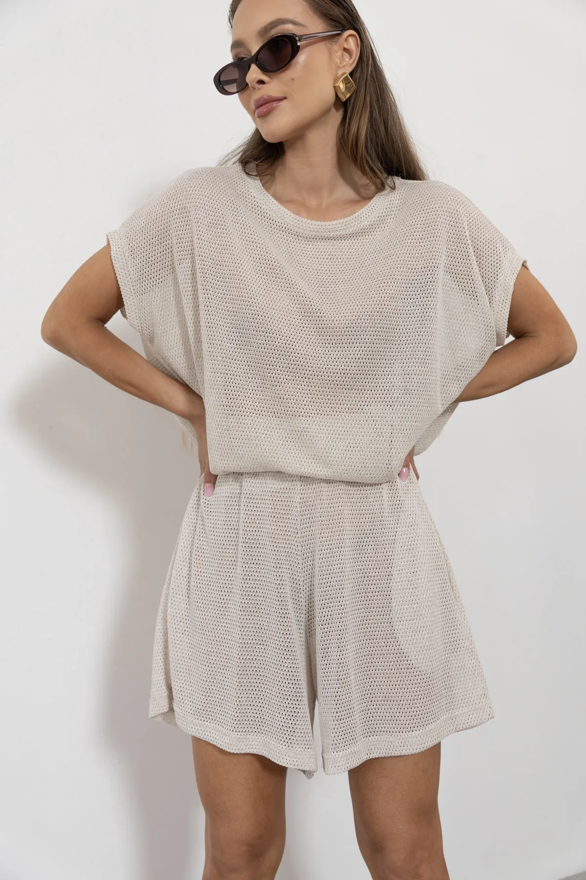 Solena t-shirt oversize ażurowa dzianina siatka kolor Latte / kremowy