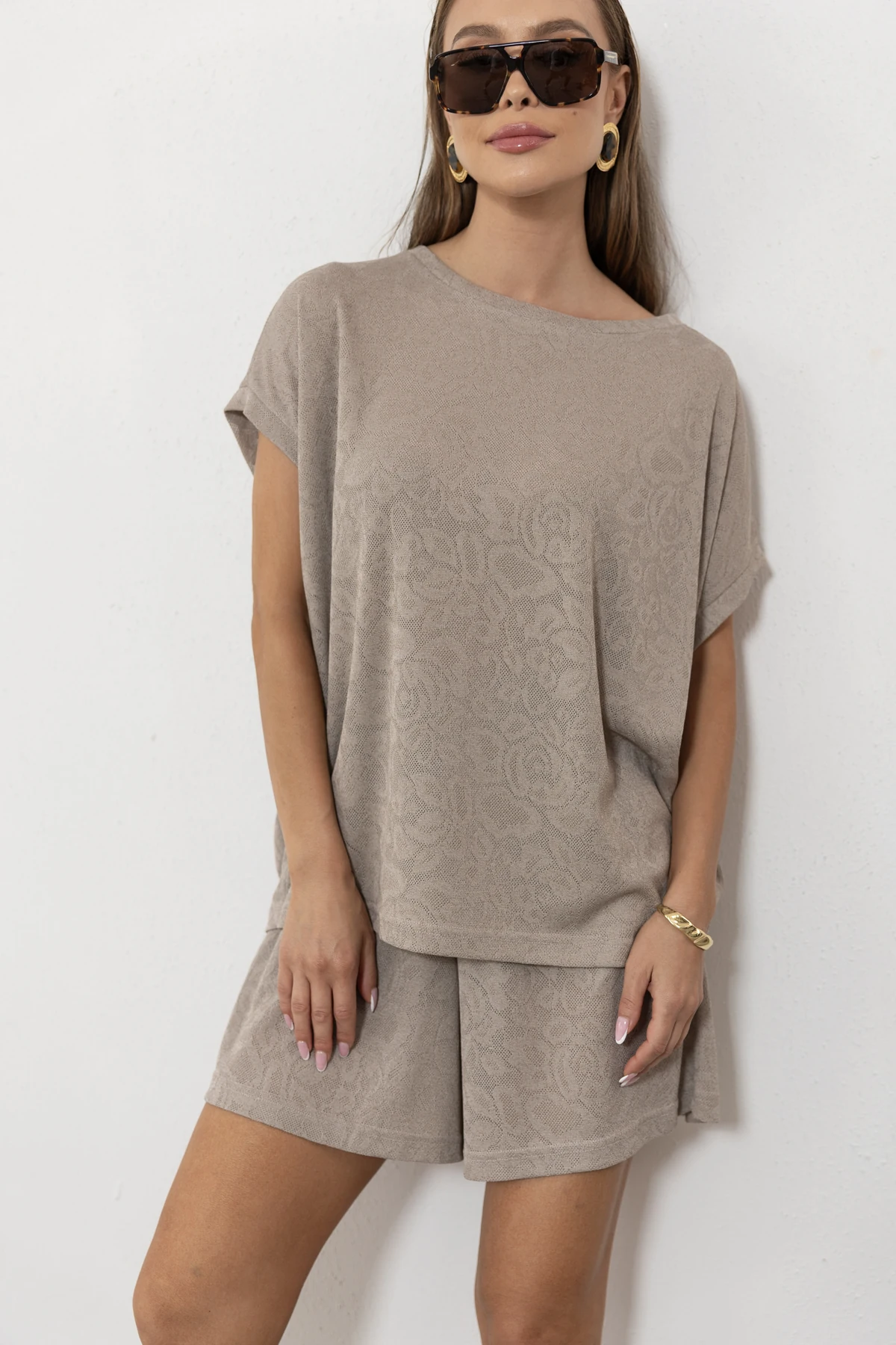 Solena t-shirt oversize ażurowa dzianina róża kolor Cappuccino / chłodny beż
