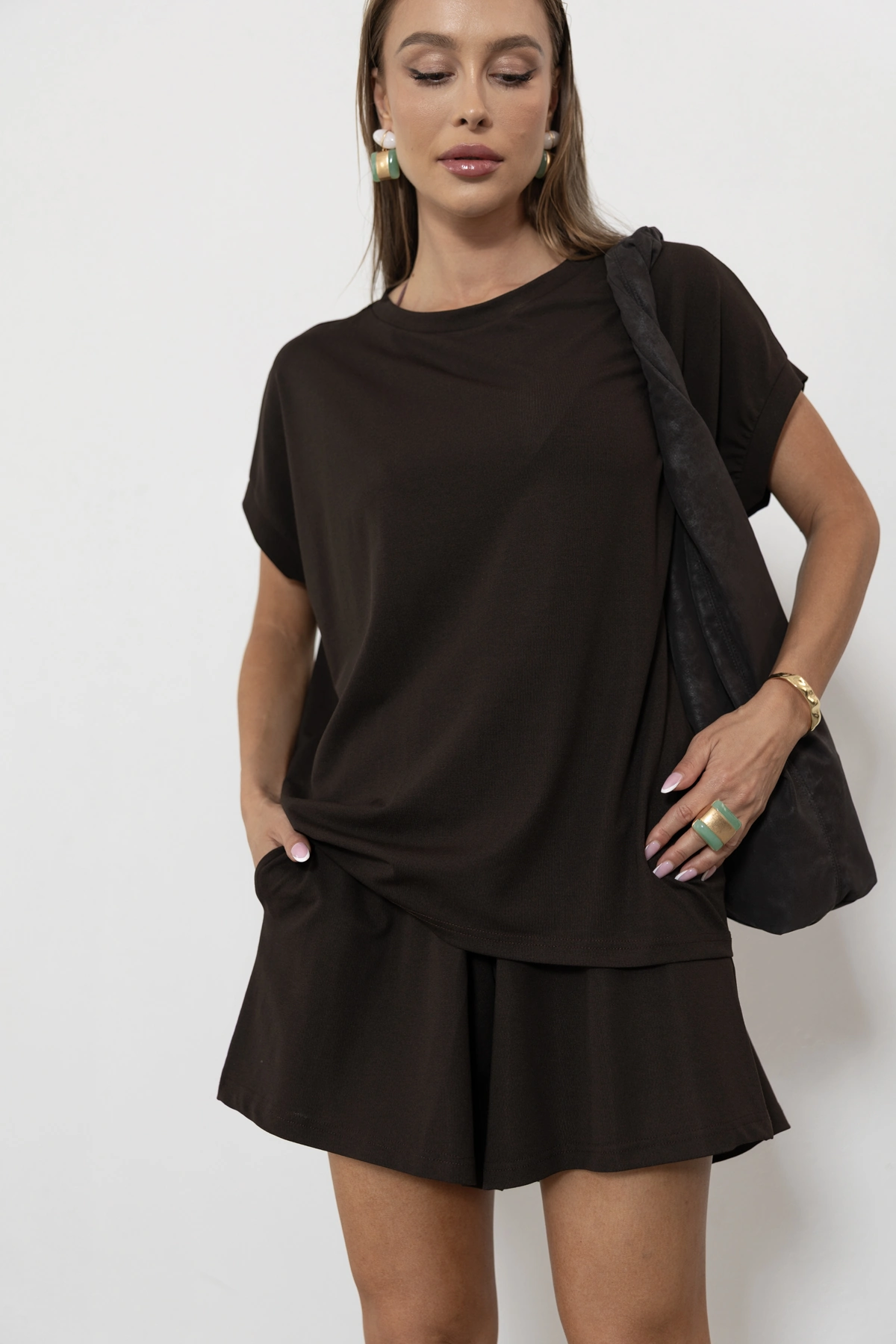 Solena t-shirt oversize gładka dzianina kolor Mokka / ciemny brąz