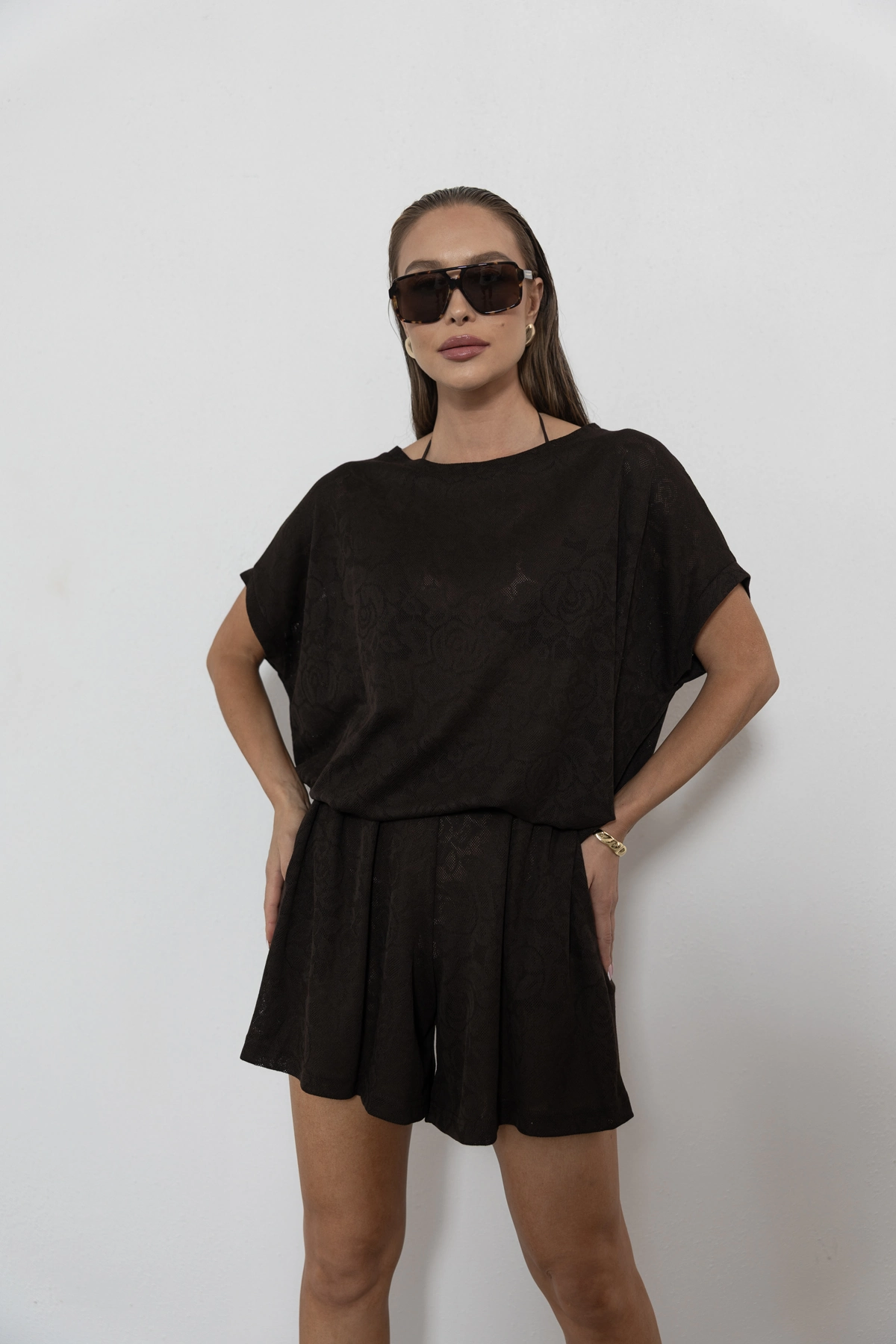 Solena t-shirt oversize ażurowa dzianina róża kolor Mokka / ciemny brąz