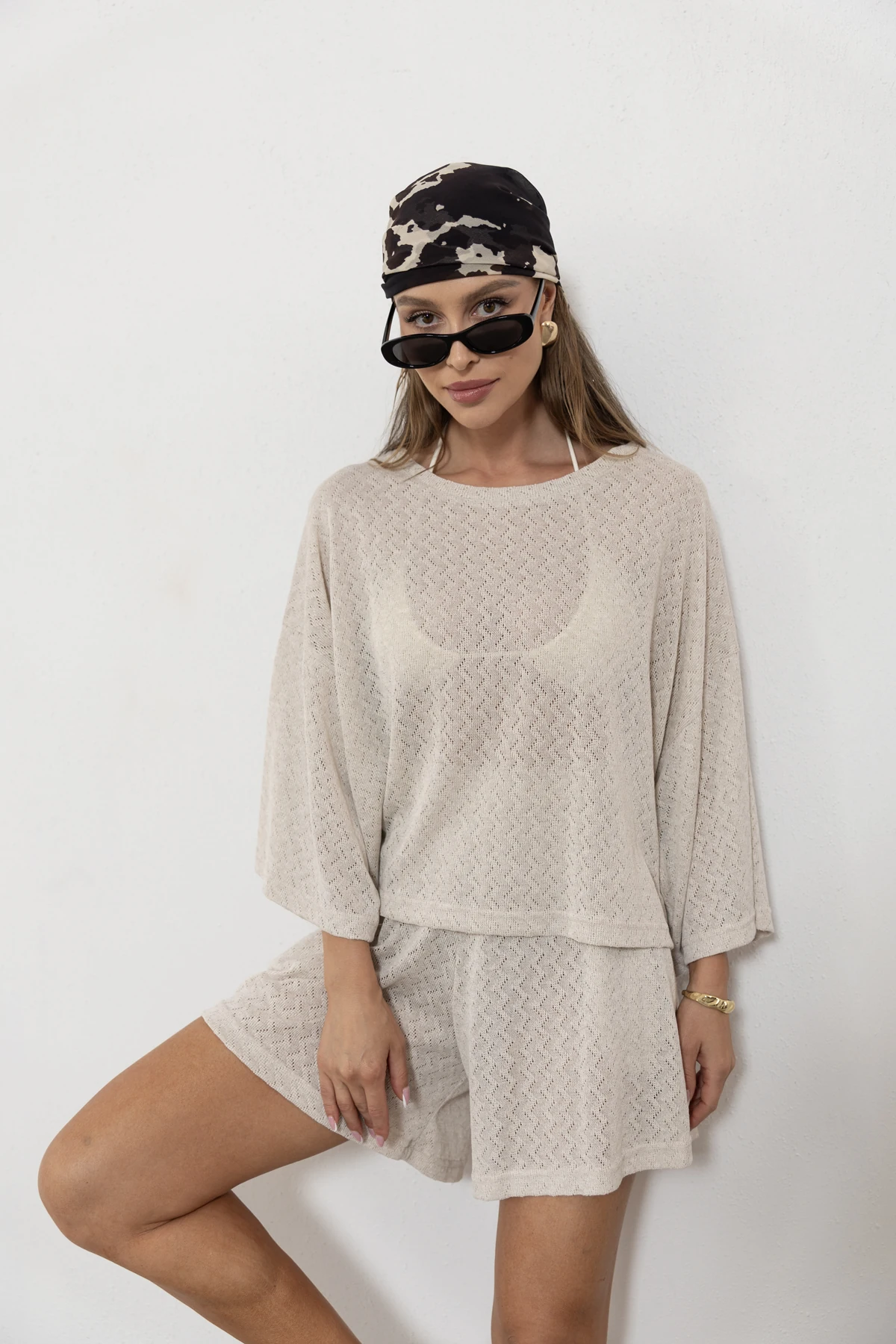 Paloma bluzka oversize ażurowa dzianina jodełka kolor Latte / kremowy