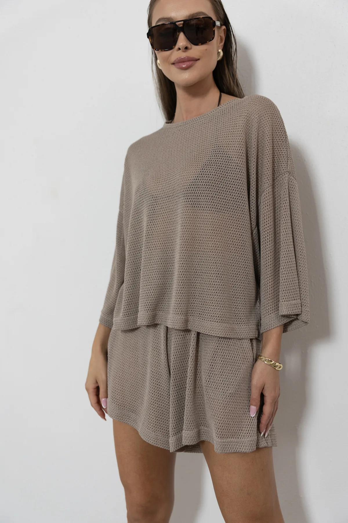 Paloma bluzka oversize ażurowa dzianina siatka kolor Cappuccino / chłodny beż
