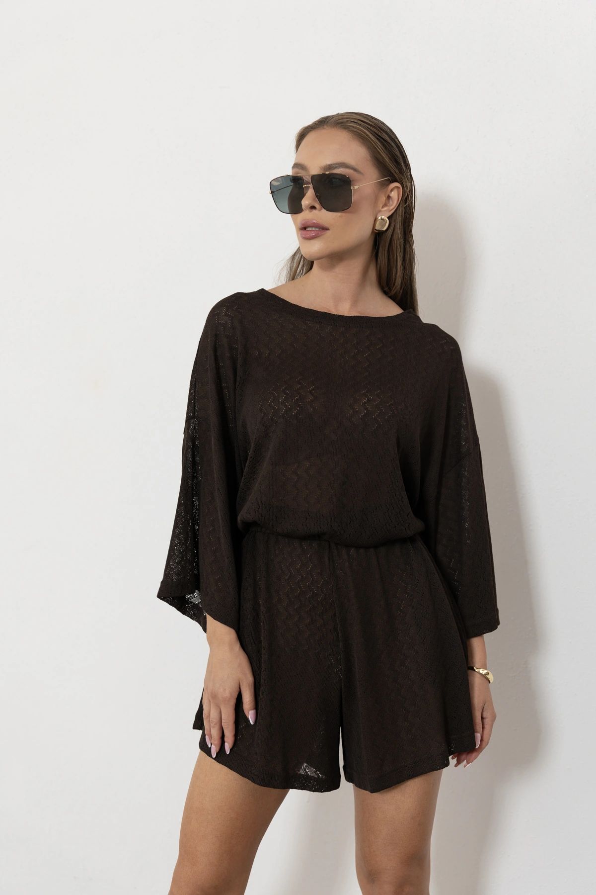 Paloma bluzka oversize ażurowa dzianina jodełka kolor Mokka / ciemny brąz