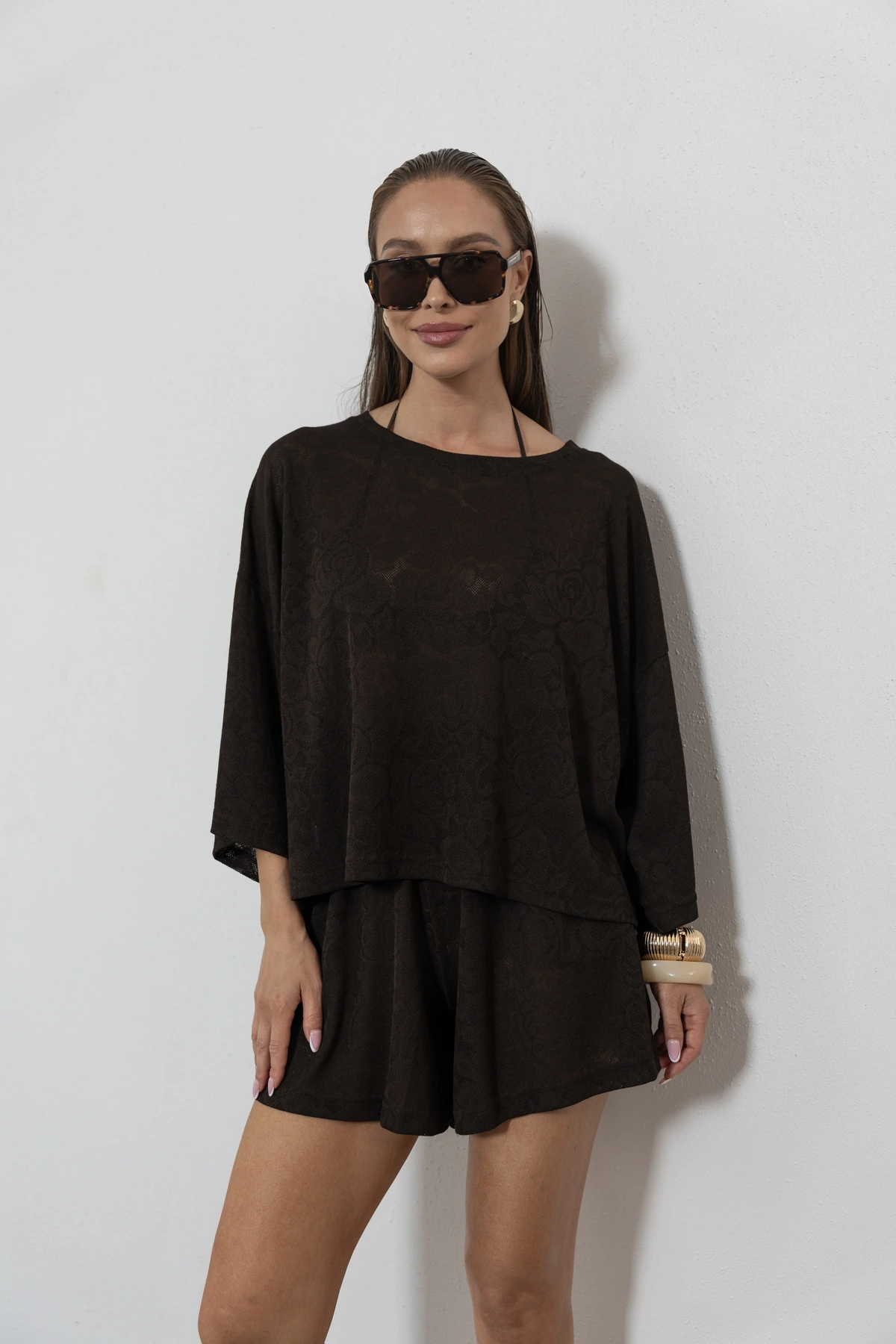 Paloma bluzka oversize ażurowa dzianina róża kolor Mokka / ciemny brąz