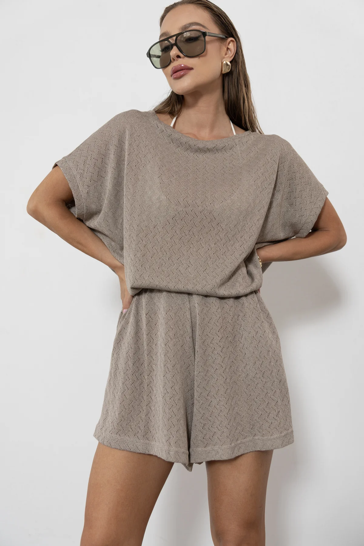 Nina szorty oversize ażurowa dzianina jodełka kolor Cappuccino / chłodny beż